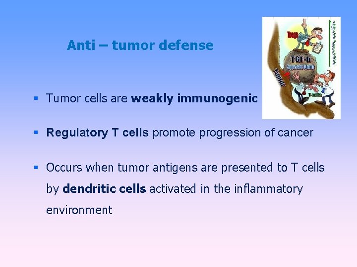 Anti – tumor defense Tumor cells are weakly immunogenic Regulatory T cells promote progression