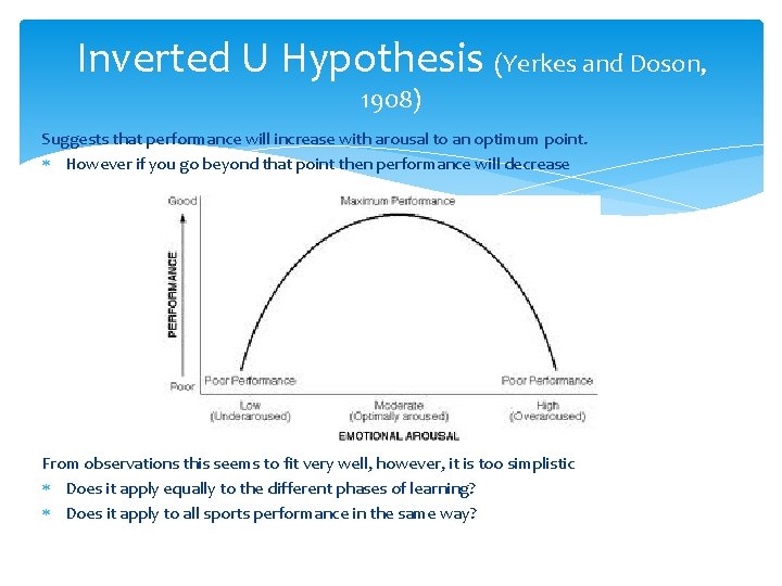 Inverted U Hypothesis (Yerkes and Doson, 1908) Suggests that performance will increase with arousal