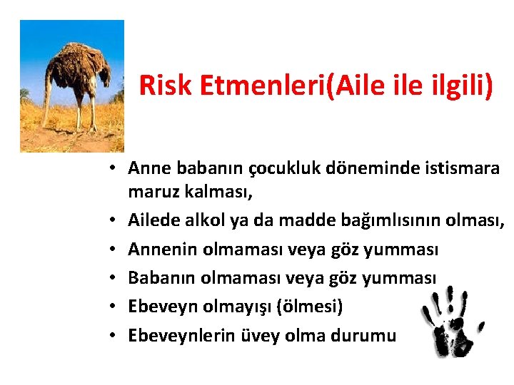 Risk Etmenleri(Aile ilgili) • Anne babanın çocukluk döneminde istismara maruz kalması, • Ailede alkol