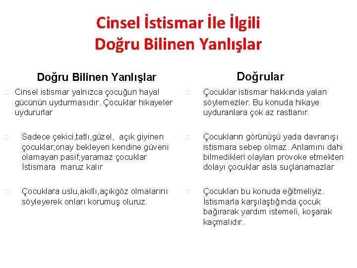 Cinsel İstismar İle İlgili Doğru Bilinen Yanlışlar q Cinsel istismar yalnızca çocuğun hayal gücünün