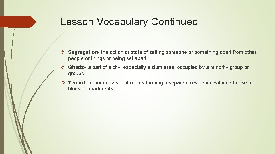 Lesson Vocabulary Continued Segregation- the action or state of setting someone or something apart