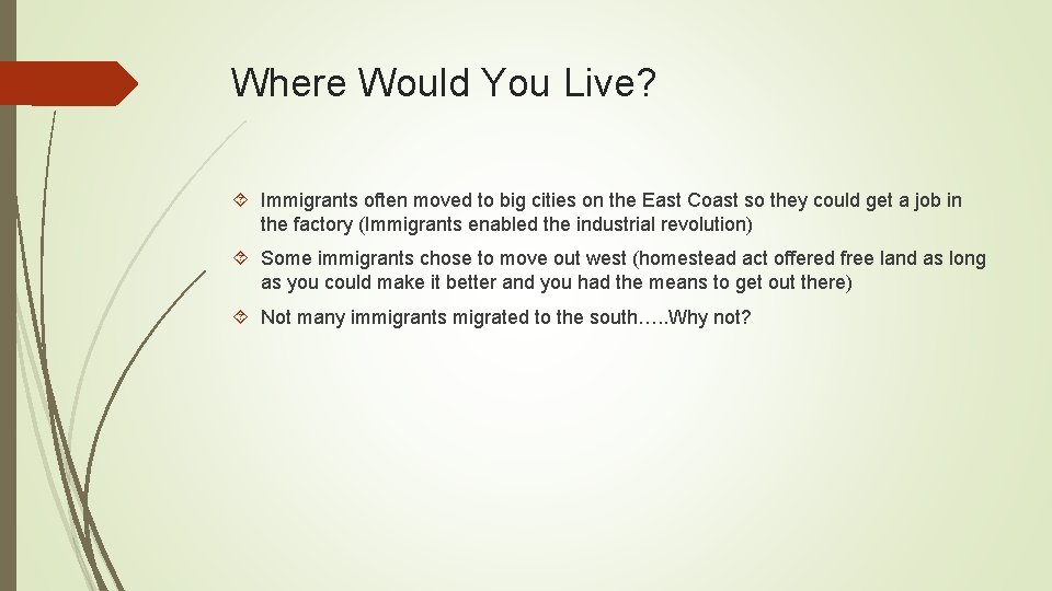 Where Would You Live? Immigrants often moved to big cities on the East Coast