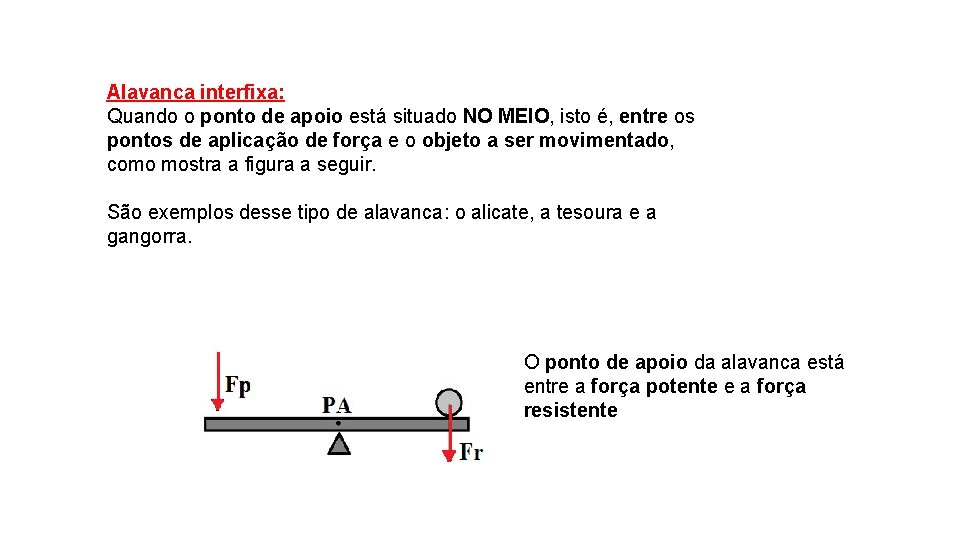 Alavanca interfixa: Quando o ponto de apoio está situado NO MEIO, isto é, entre