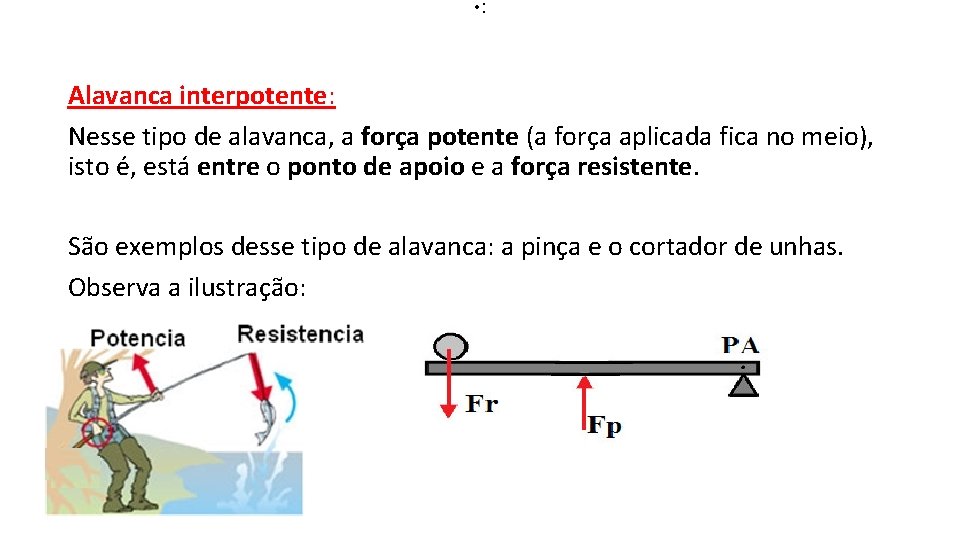  • : Alavanca interpotente: Nesse tipo de alavanca, a força potente (a força