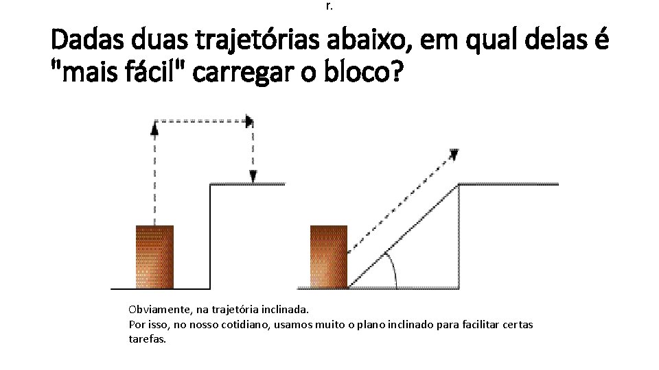 r. Dadas duas trajetórias abaixo, em qual delas é "mais fácil" carregar o bloco?