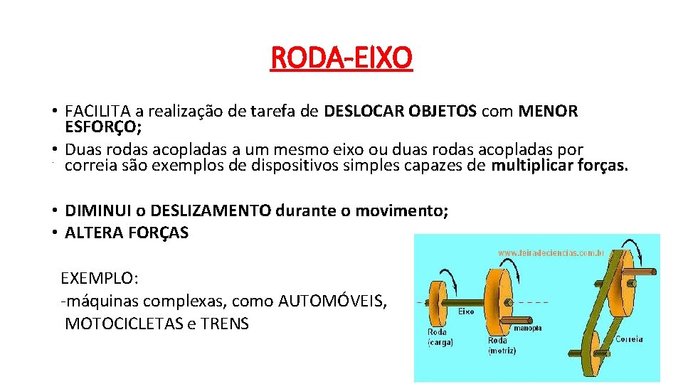 RODA-EIXO • FACILITA a realização de tarefa de DESLOCAR OBJETOS com MENOR ESFORÇO; •