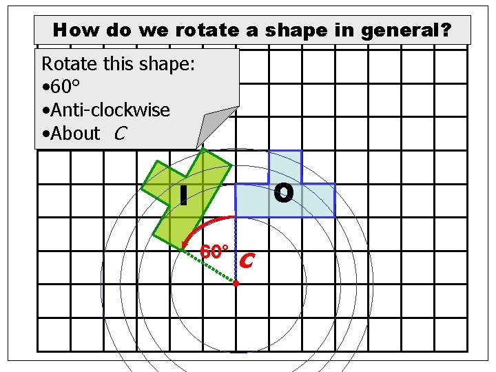 How do we rotate a shape in general? Rotate this shape: • 60° • How do we rotate a shape in general? Rotate this shape: • 60° •