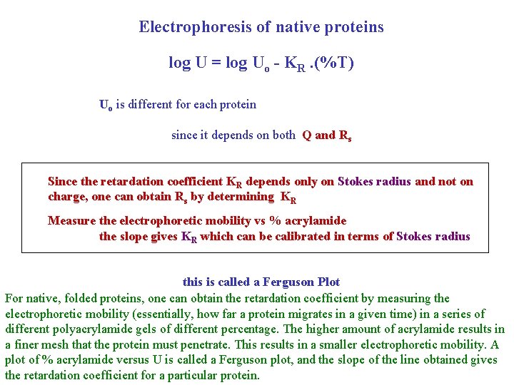 Electrophoresis of native proteins log U = log Uo - KR. (%T) Uo is