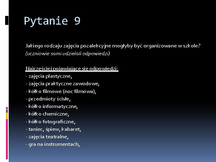 Pytanie 9 Jakiego rodzaju zajęcia pozalekcyjne mogłyby być organizowane w szkole? (uczniowie sami udzielali