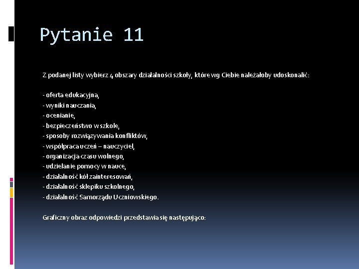 Pytanie 11 Z podanej listy wybierz 4 obszary działalności szkoły, które wg Ciebie należałoby