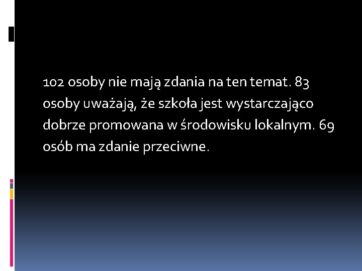 102 osoby nie mają zdania na ten temat. 83 osoby uważają, że szkoła jest