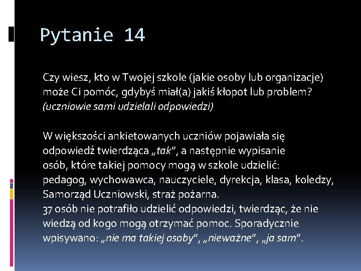 Pytanie 14 Czy wiesz, kto w Twojej szkole (jakie osoby lub organizacje) może Ci