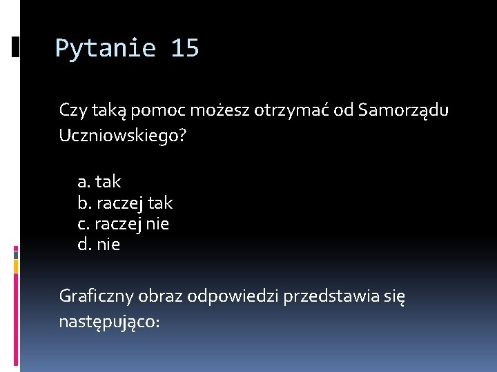 Pytanie 15 Czy taką pomoc możesz otrzymać od Samorządu Uczniowskiego? a. tak b. raczej