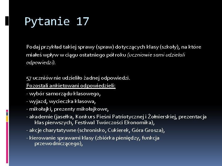 Pytanie 17 Podaj przykład takiej sprawy (spraw) dotyczących klasy (szkoły), na które miałeś wpływ