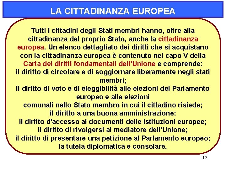 LA CITTADINANZA EUROPEA Tutti i cittadini degli Stati membri hanno, oltre alla cittadinanza del