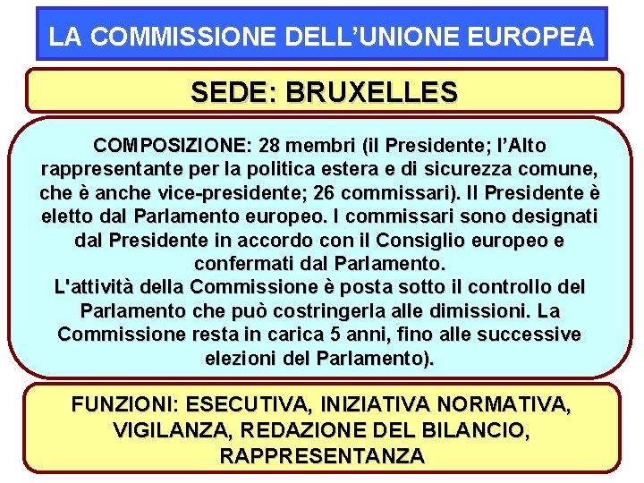 LA COMMISSIONE DELL’UNIONE EUROPEA SEDE: BRUXELLES COMPOSIZIONE: 28 membri (il Presidente; l’Alto rappresentante per