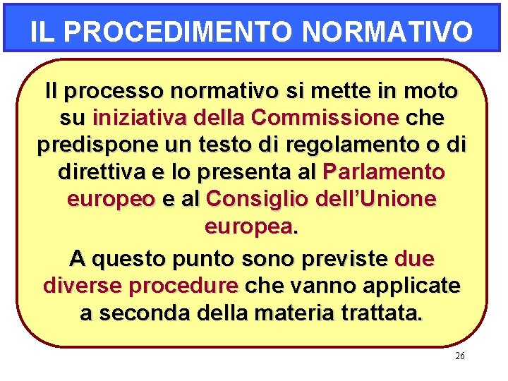 IL PROCEDIMENTO NORMATIVO Il processo normativo si mette in moto su iniziativa della Commissione