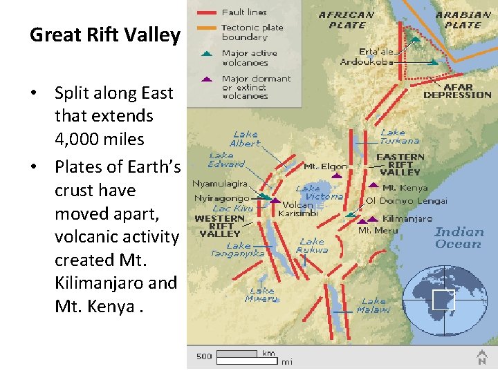 Great Rift Valley • Split along East that extends 4, 000 miles • Plates