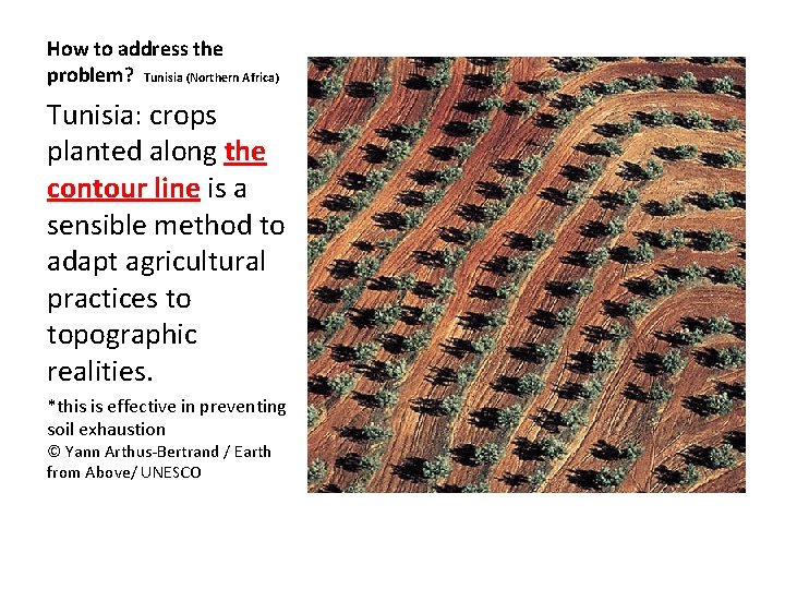 How to address the problem? Tunisia (Northern Africa) Tunisia: crops planted along the contour