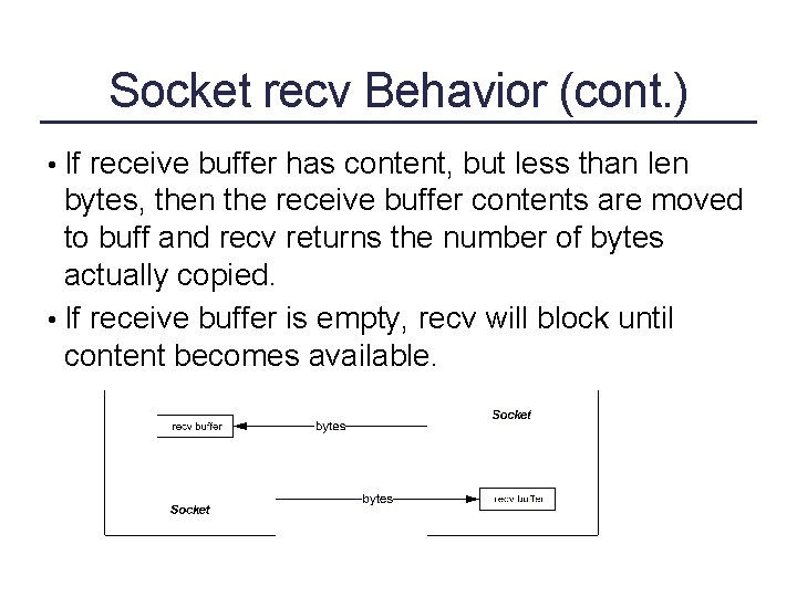 Socket recv Behavior (cont. ) • If receive buffer has content, but less than