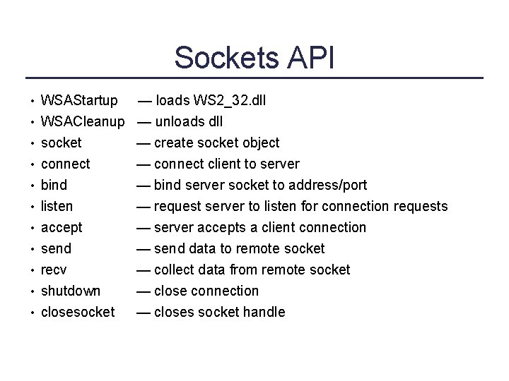 Sockets API • WSAStartup — loads WS 2_32. dll • WSACleanup — unloads dll