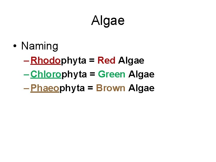 Algae • Naming – Rhodophyta = Red Algae – Chlorophyta = Green Algae –