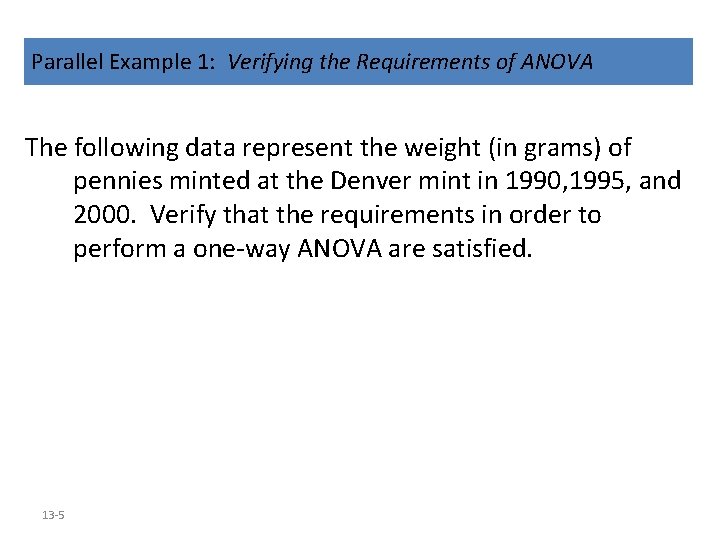 Parallel Example 1: Verifying the Requirements of ANOVA The following data represent the weight