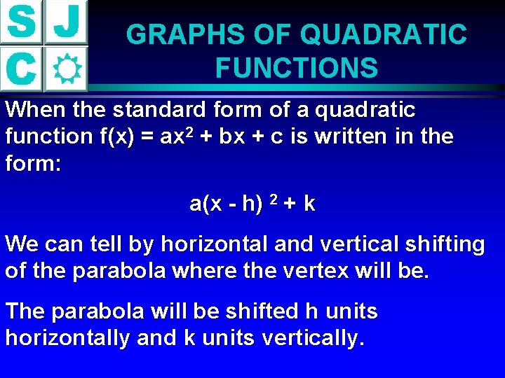 GRAPHS OF QUADRATIC FUNCTIONS When the standard form of a quadratic function f(x) =