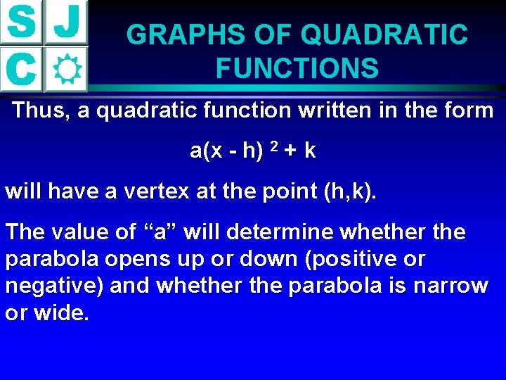 GRAPHS OF QUADRATIC FUNCTIONS Thus, a quadratic function written in the form a(x -