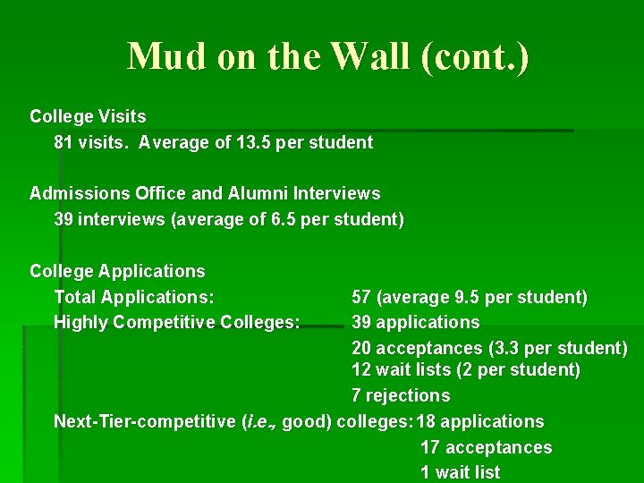 Mud on the Wall (cont. ) College Visits 81 visits. Average of 13. 5