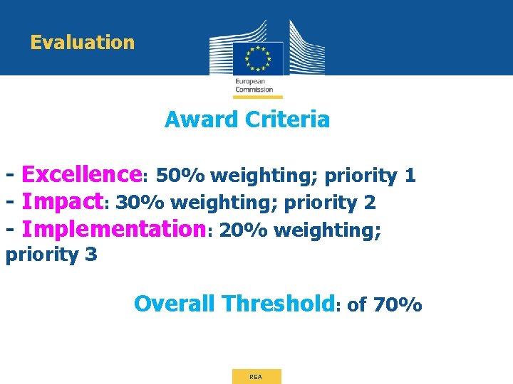 Evaluation Award Criteria - Excellence: 50% weighting; priority 1 - Impact: 30% weighting; priority