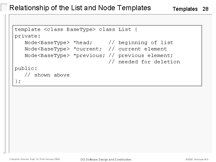 Relationship of the List and Node Templates template <class Base. Type> class private: Node<Base.