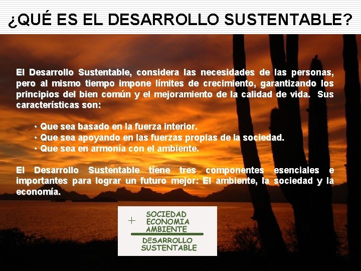 ¿QUÉ ES EL DESARROLLO SUSTENTABLE? El Desarrollo Sustentable, considera las necesidades de las personas,