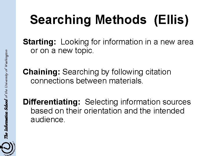 The Information School of the University of Washington Searching Methods (Ellis) Starting: Looking for