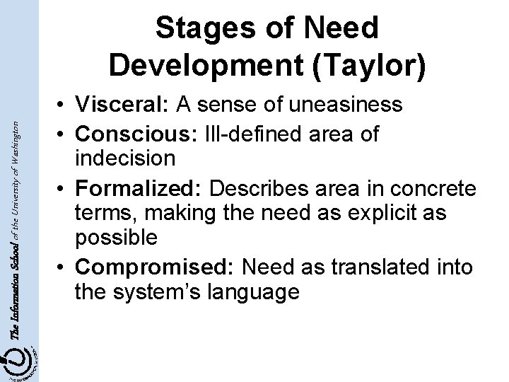 The Information School of the University of Washington Stages of Need Development (Taylor) •