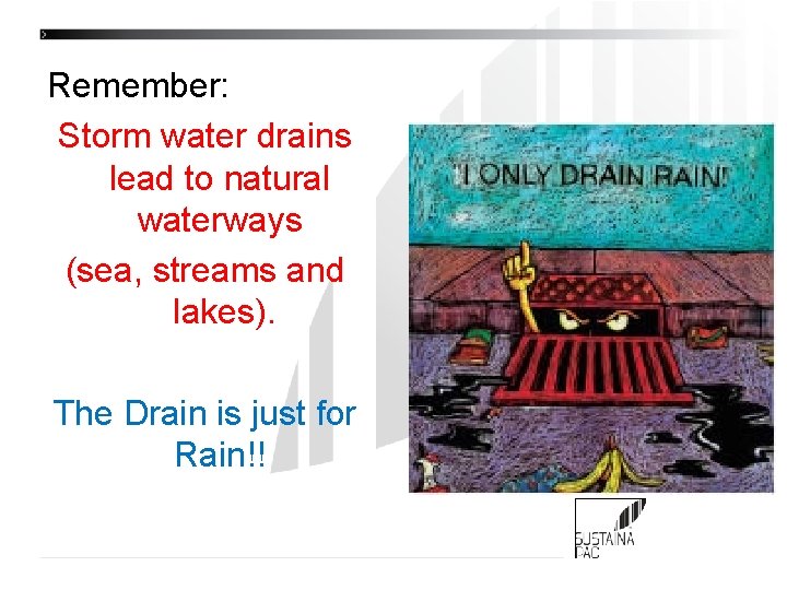 Remember: Storm water drains lead to natural waterways (sea, streams and lakes). The Drain