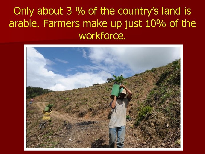 Only about 3 % of the country’s land is arable. Farmers make up just Only about 3 % of the country’s land is arable. Farmers make up just