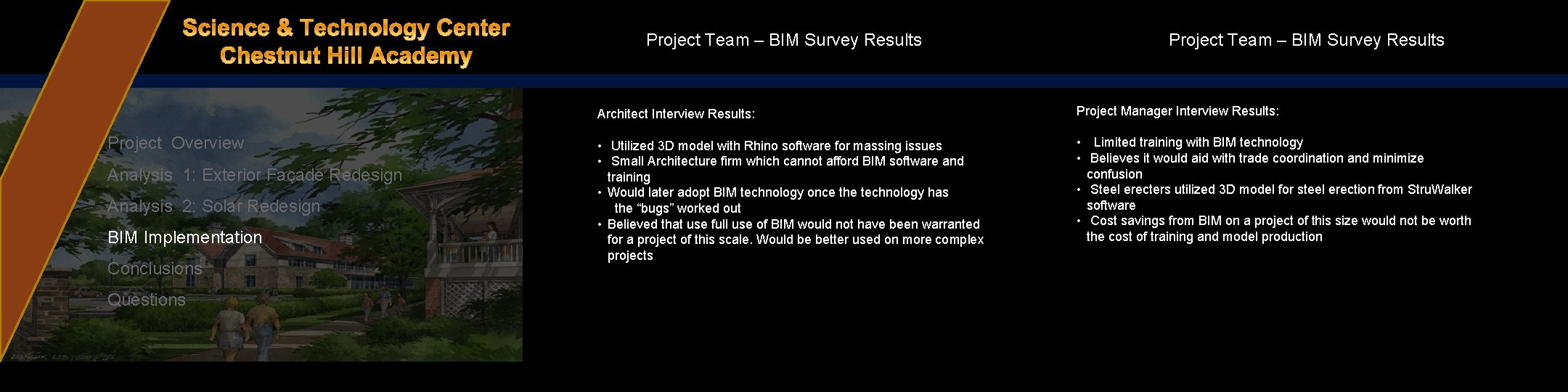 Project Team – BIM Survey Results Project Overview Analysis 1: Exterior Façade Redesign Analysis