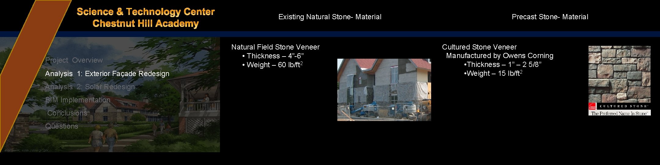 Existing Natural Stone- Material Project Overview Analysis 1: Exterior Façade Redesign Analysis 2: Solar