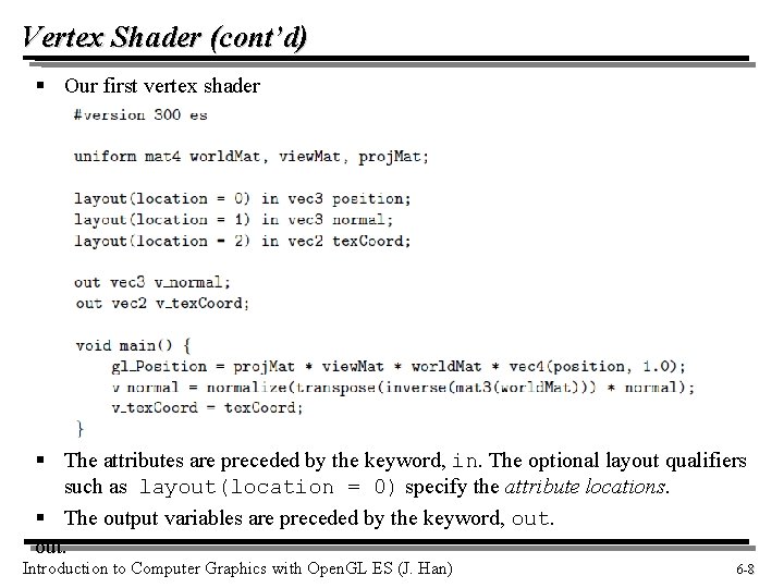 Vertex Shader (cont’d) § Our first vertex shader § The attributes are preceded by