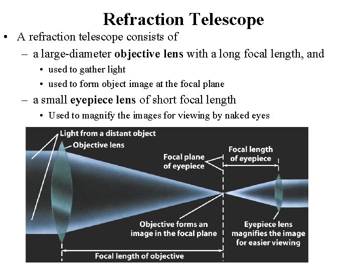 Refraction Telescope • A refraction telescope consists of – a large-diameter objective lens with