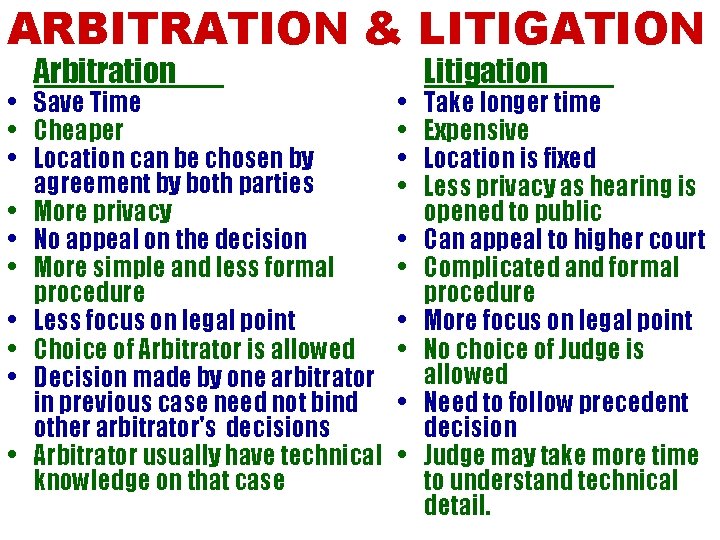 ARBITRATION & LITIGATION Arbitration • Save Time • Cheaper • Location can be chosen