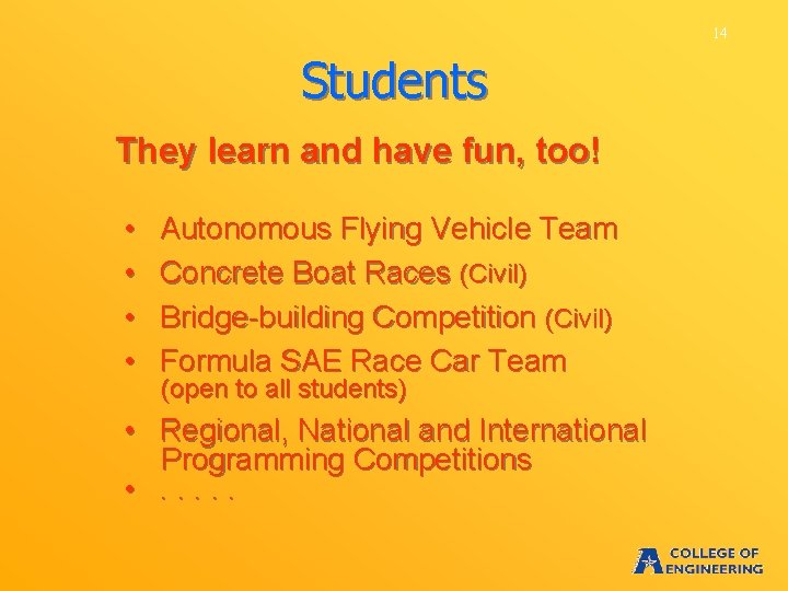 14 Students They learn and have fun, too! • • Autonomous Flying Vehicle Team