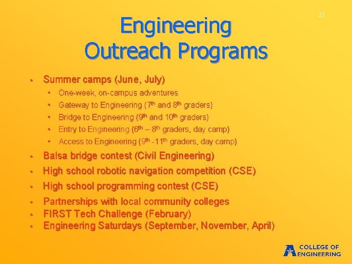 Engineering Outreach Programs • Summer camps (June, July) • One-week, on-campus adventures • Gateway