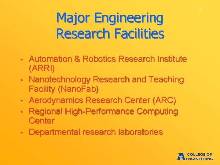 Major Engineering Research Facilities • • • Automation & Robotics Research Institute (ARRI) Nanotechnology