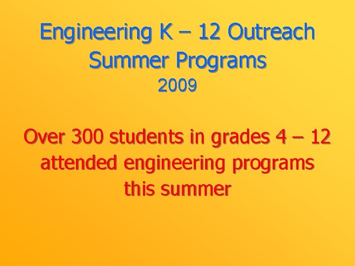 Engineering K – 12 Outreach Summer Programs 2009 Over 300 students in grades 4