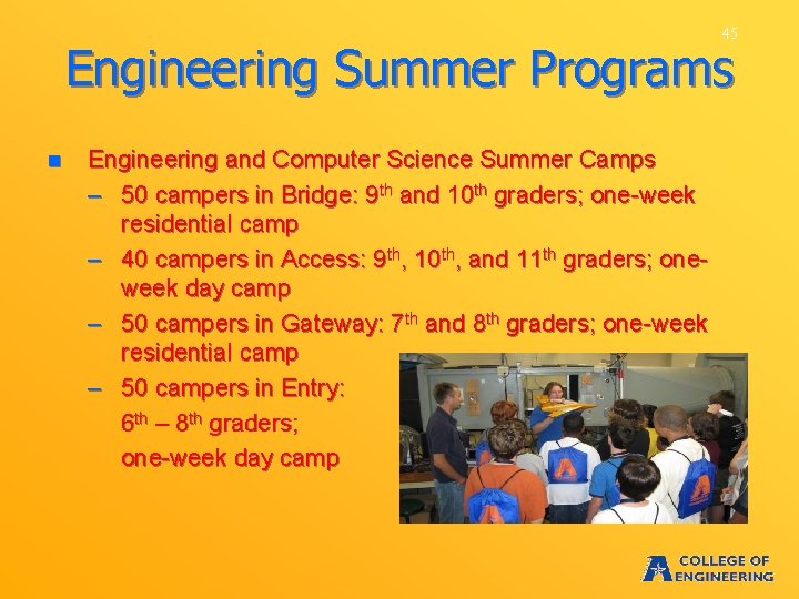 45 Engineering Summer Programs n Engineering and Computer Science Summer Camps – 50 campers