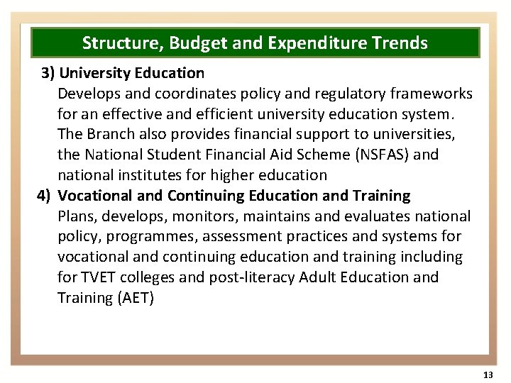 Structure, Budget and Expenditure Trends 3) University Education Develops and coordinates policy and regulatory