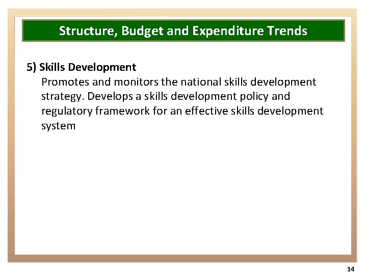 Structure, Budget and Expenditure Trends 5) Skills Development Promotes and monitors the national skills
