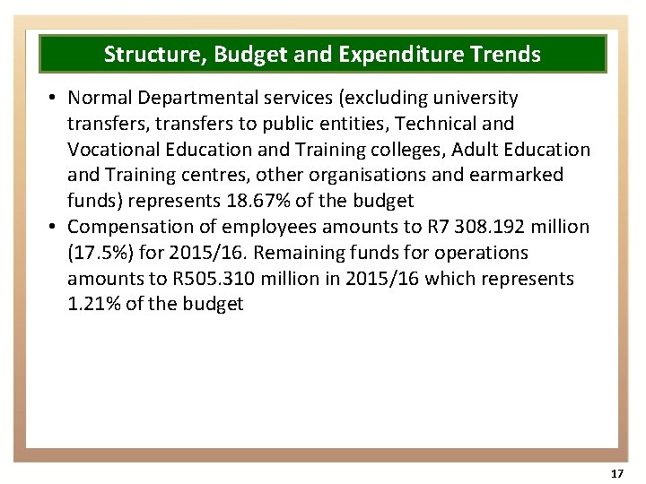 Structure, Budget and Expenditure Trends • Normal Departmental services (excluding university transfers, transfers to